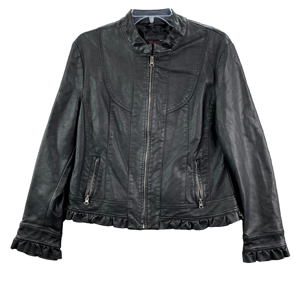 JW Style Faux Leather Biker Jacket Womens Large Black Ruffle Trim Hem Riding